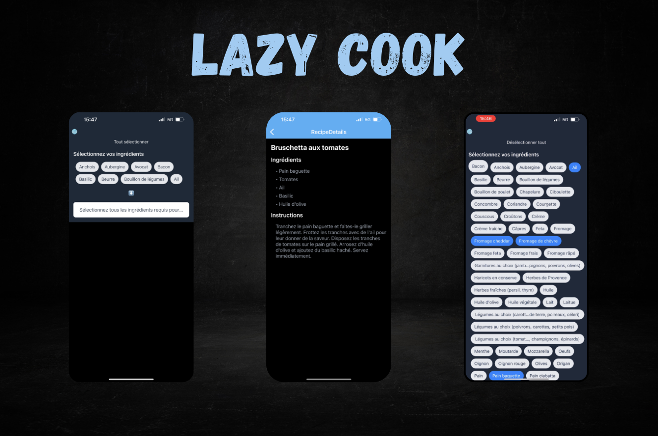Screenshot of the LazyCook mobile app showing a list of ingredients and recipe suggestions